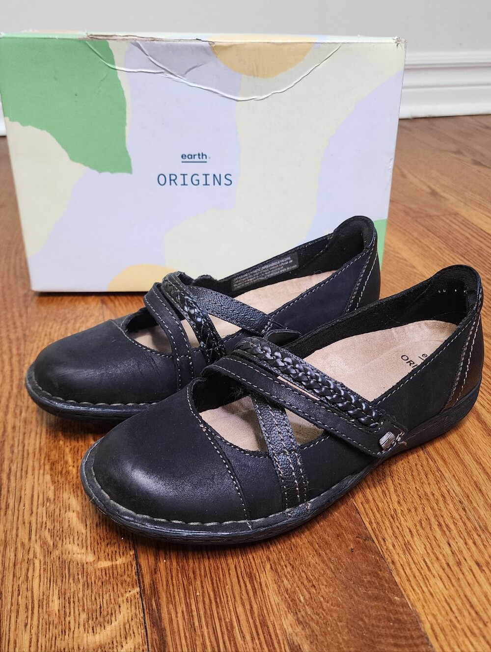 Earth Origins Black Leather Mary Jane Comfort Shoes Memory Foam Size 6